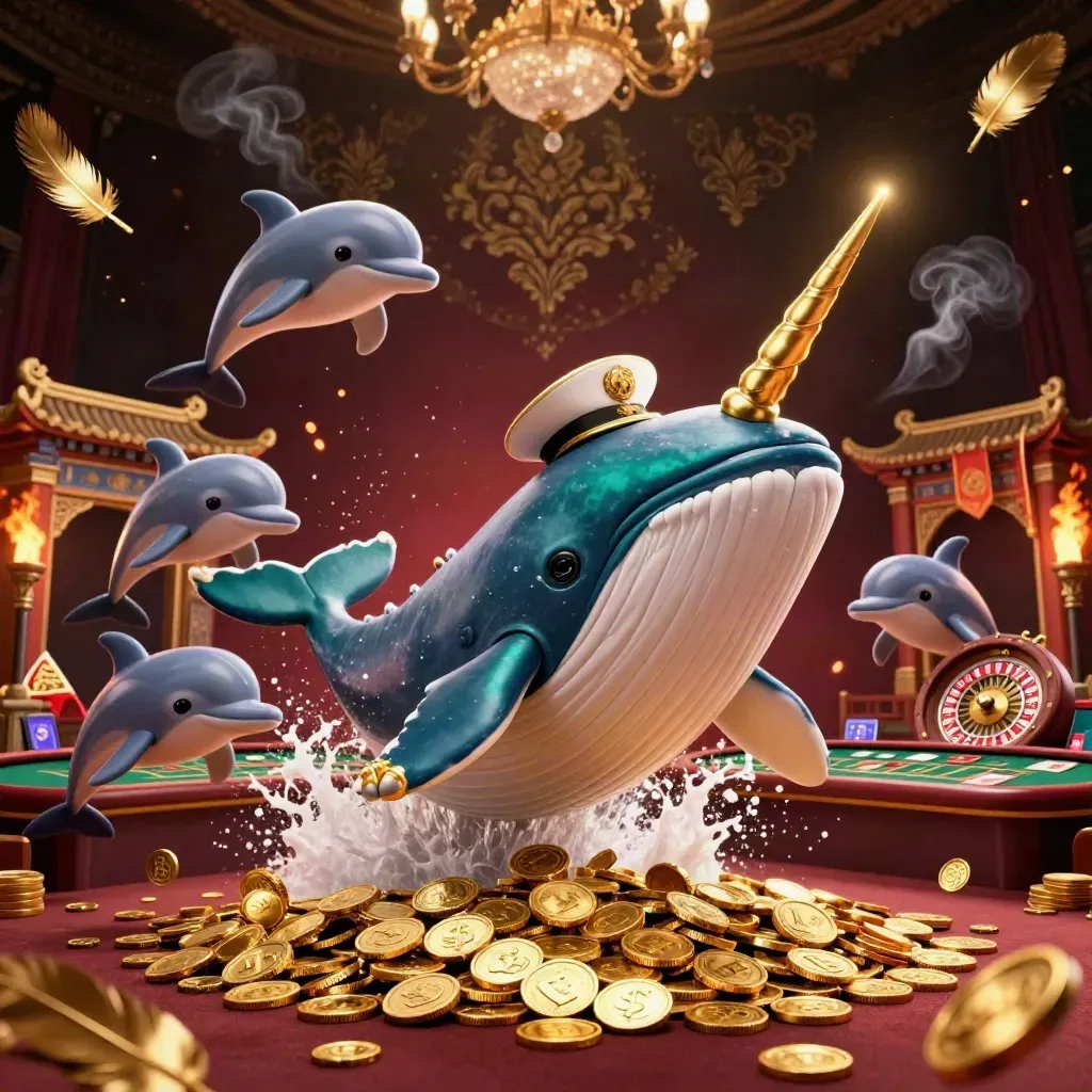 Whale captain, narwhal, and dolphins in a luxe casino scene with coins, torches, cards, and chandelier glow.