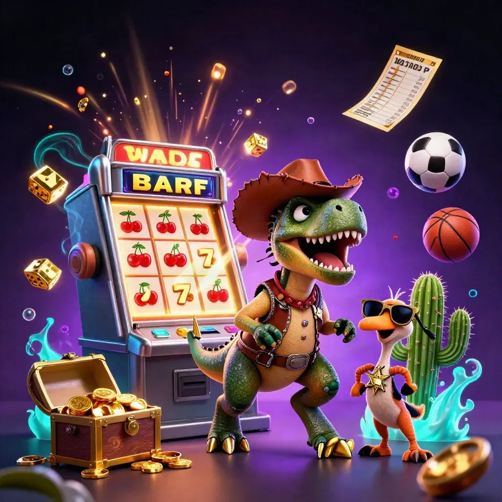 Cowboy T-Rex, cactus, and roadrunner amid casino loot and glowing sports balls.