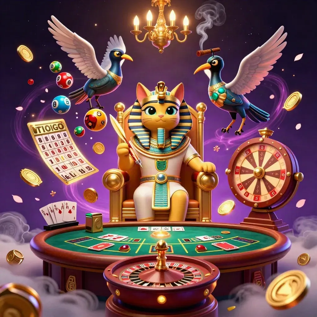 Pharaoh cat, ibis scribe, and gem-wing scarabs amid casino props in a neon royal hall.