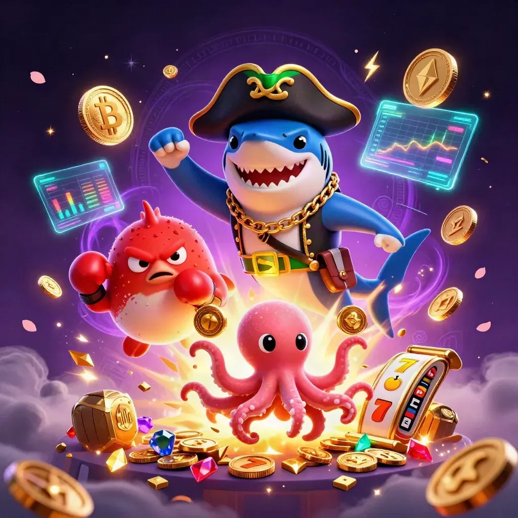 Pirate shark, boxing pufferfish, and coin-juggling octopus amid neon casino magic.