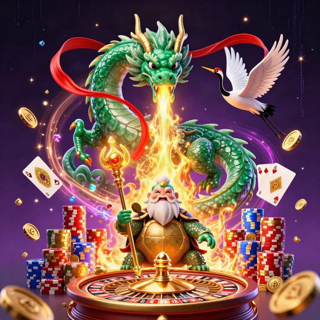 Emerald dragon, turtle sage, and cranes unleash gold fire amid casino treasure and neon magic.
