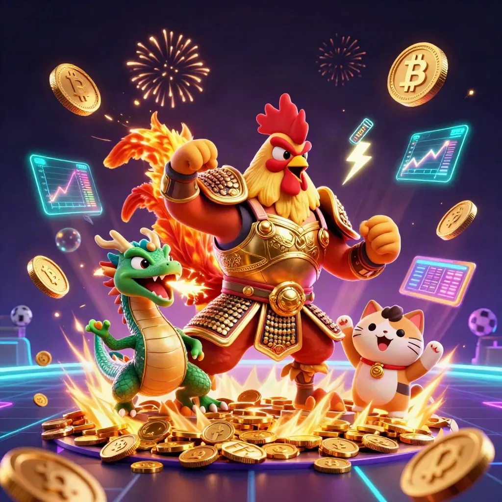 Rooster warrior, dragon hatchling, fortune cat amid exploding coins, crypto, sports icons, neon casino glow