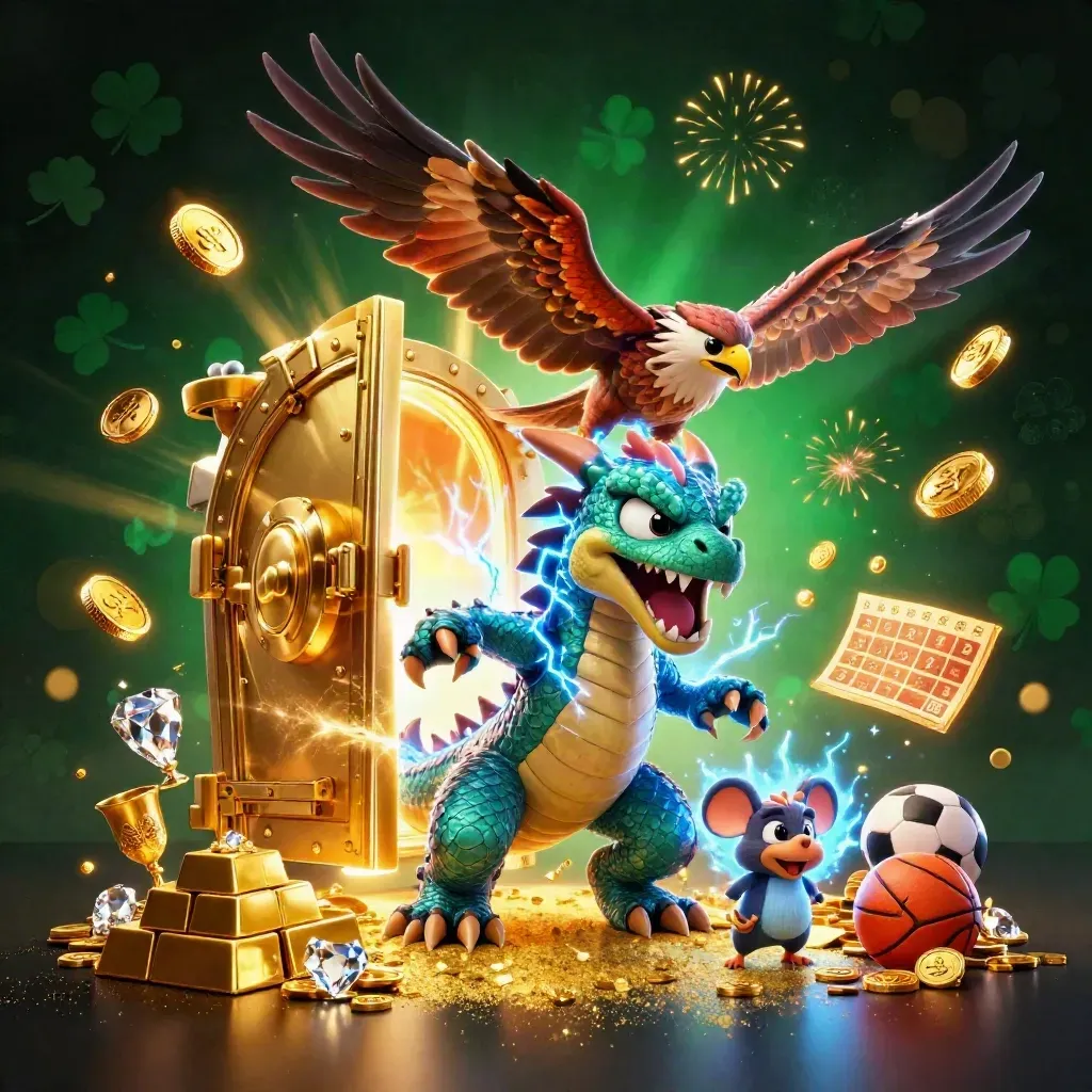 Thunder dragon, wind hawk, and lightning mouse burst from a gold vault with casino treasure.