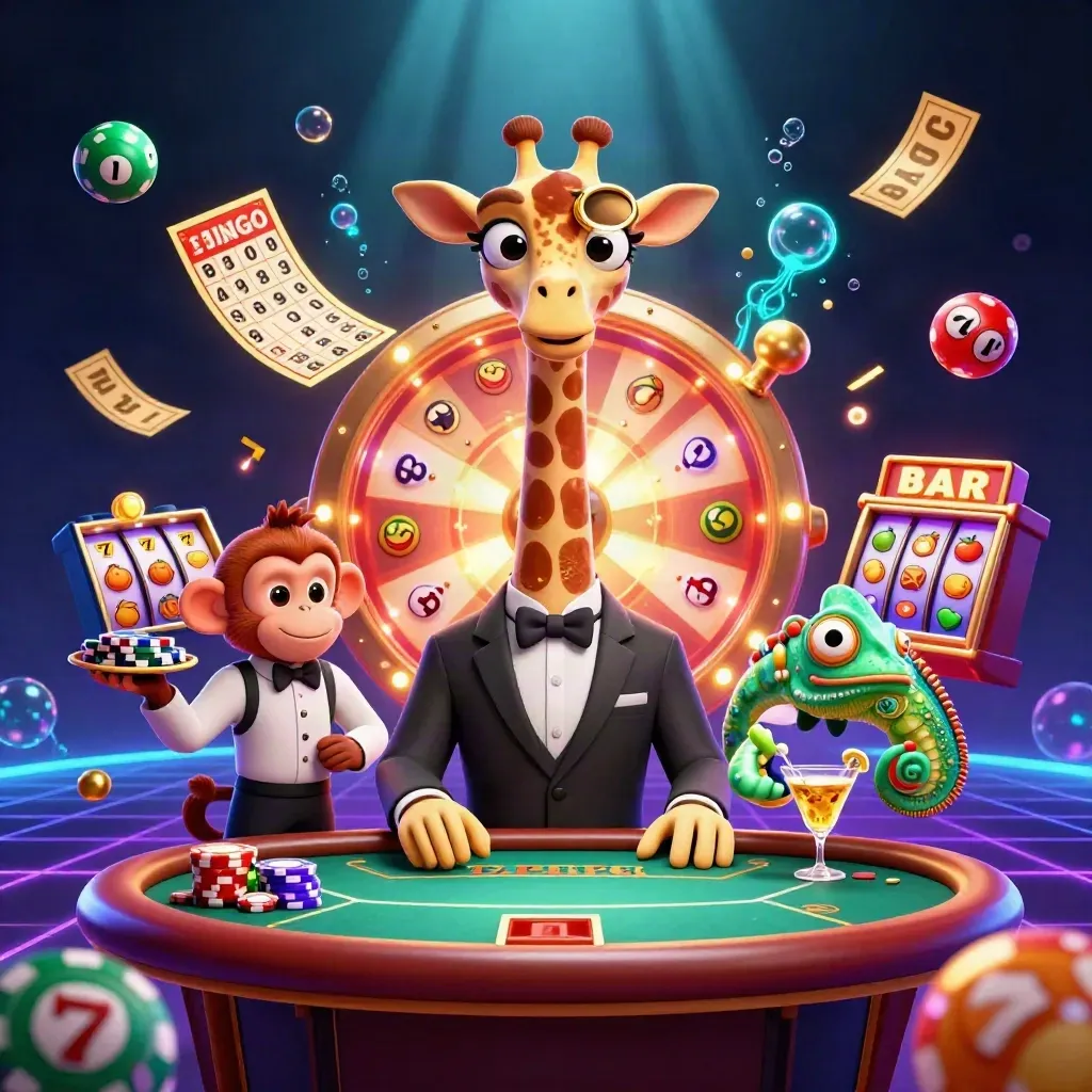 Giraffe, monkey, and chameleon casino heroes amid glowing balls, wheels, and neon effects.