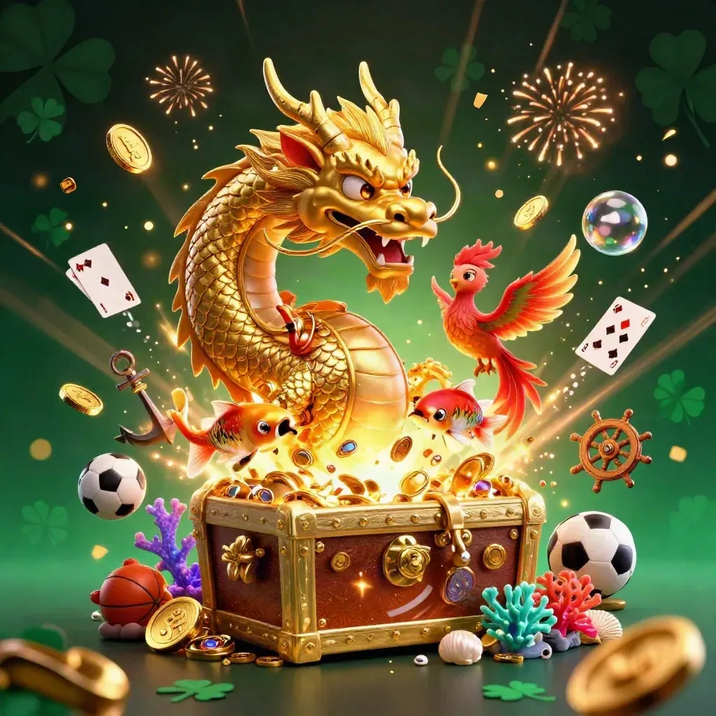 Golden dragon, phoenix, koi, coins, coral, cards, sports icons, and fireworks in a luxe casino scene.