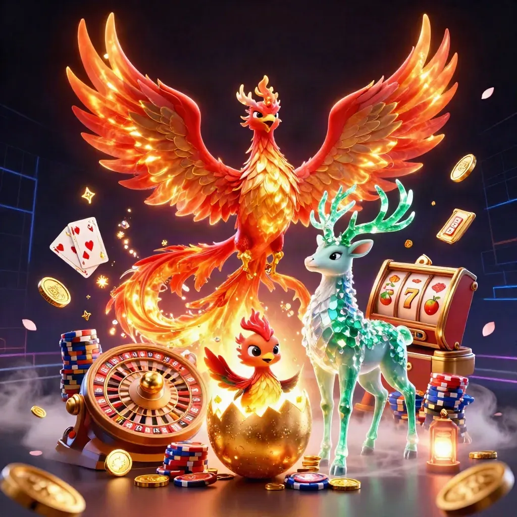 Fire phoenix, baby chick, and crystal-antler stag amid casino coins, cards, chips, and a roulette wheel.