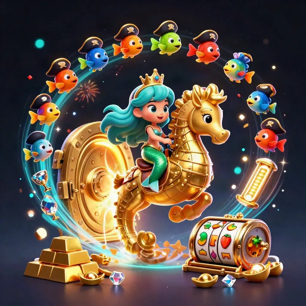 Mermaid princess on a gold-armored seahorse amid treasure, fish, sparks, reels, and casino glow.