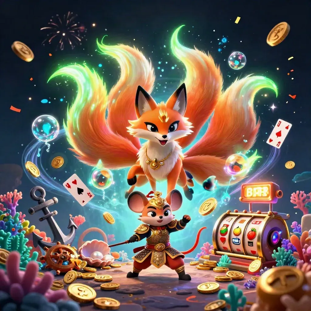Neon nine-tailed fox spirit with gold-armoured mouse, treasure cove casino effects, dark luxe glow